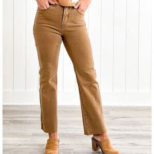 Risen Women’s High Rise Cocoa Raw Hem With Slit Slide Straight Leg Jeans Size 5/
